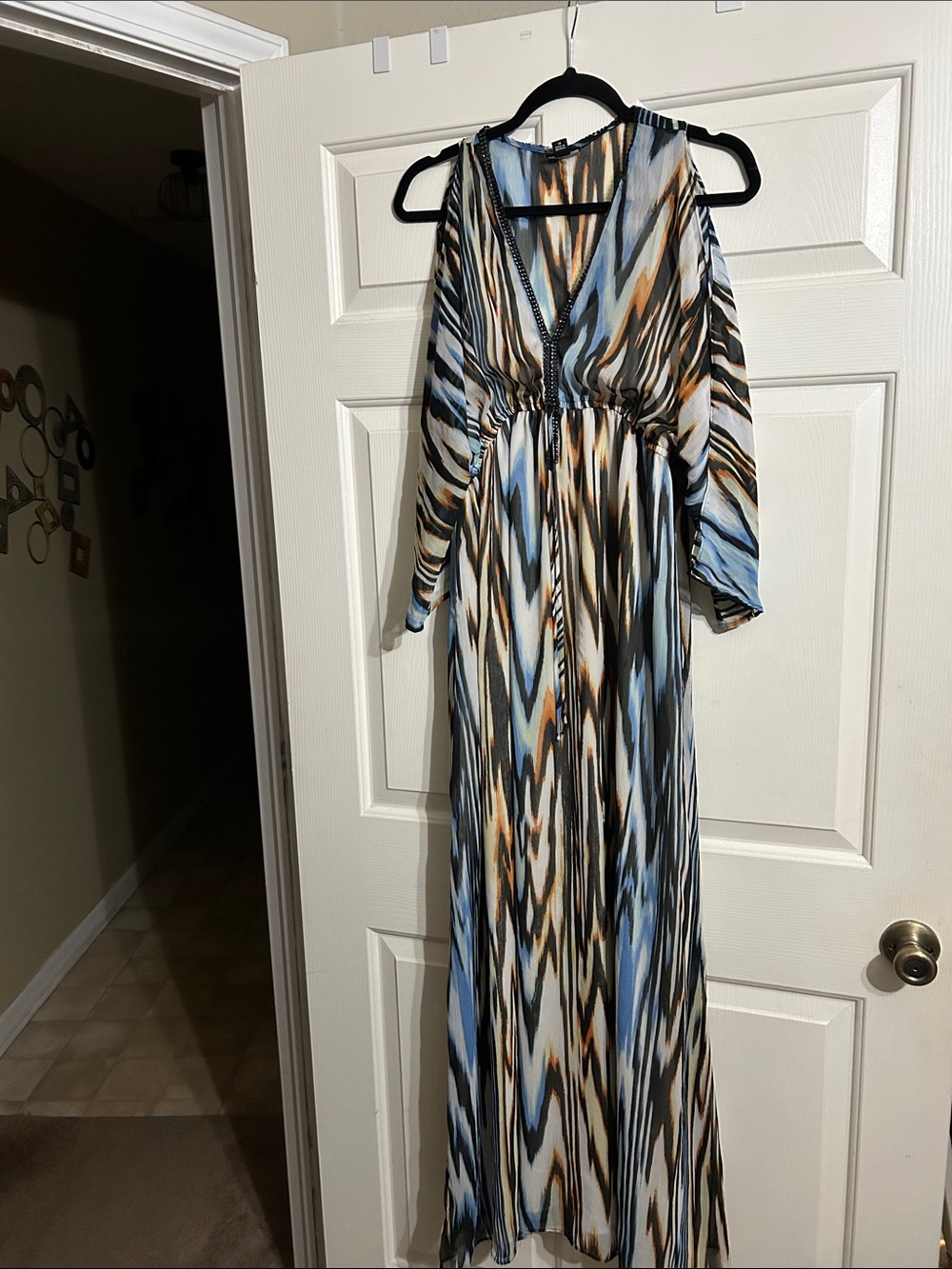 Allen B. By Allen Schwartz Abstract V-Neck Maxi Dress in Blue, Brown and White